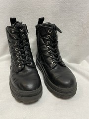 H&M Youth Boots Size 1 Quilted Ankle Top Black Leather Lace Up Zipper