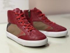 $225 BURBERRY Mini Haypark Check Parade 29 12 Red Leather Sneakers Shoes &BOX