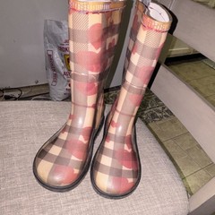 Kids Plaid Heart Pattern Rain Boots Rubber Waterproof Beige Red Brown Size 1.5