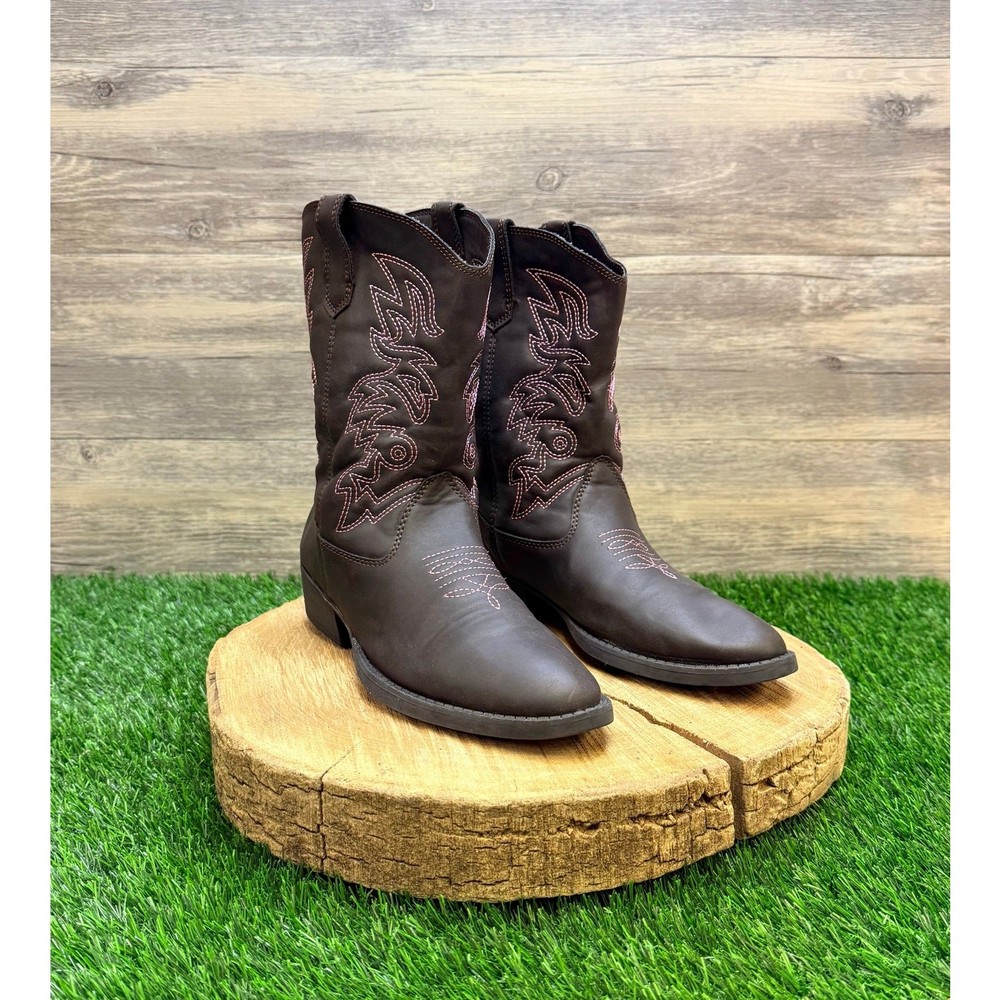 Deer Stags Youth – Size 3 – Brown / Pink Faux Leather Cowboy Boots Ranch