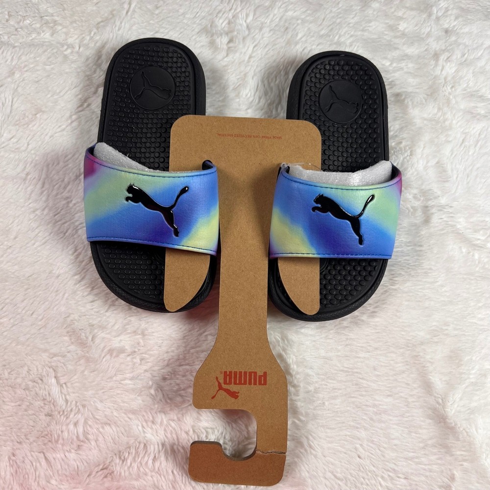 Puma Cool Cat Dark Prismatic PS Slides Black Fuchsia NWT Purple Blue Kids 11C