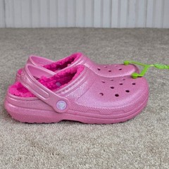 Crocs Classic Lined Glitter Clog K Pink Sparkle Fuzzy Shoes J3 207462-6WY NEW