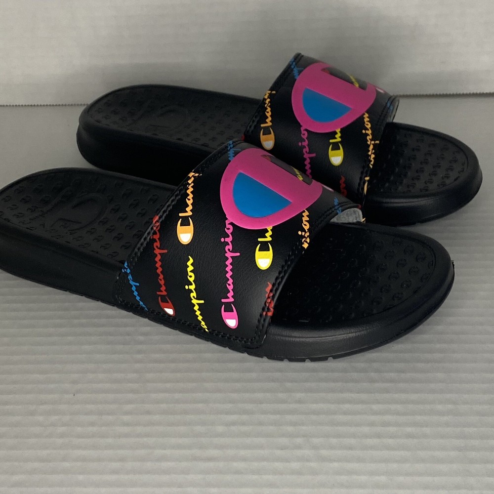 Champion Kids Logo Printed Multicolor 4Y Black Pink Blue Súper Slide Script