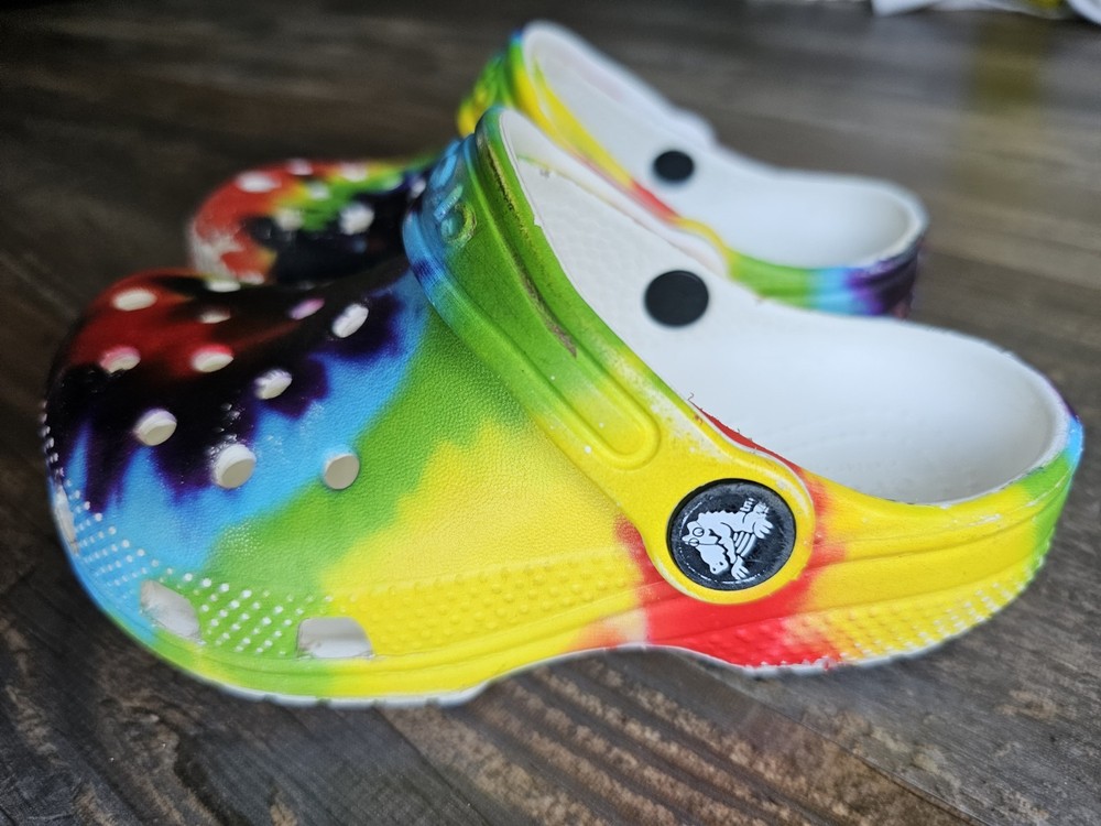 Crocs Classic Clog Kids C9 Rainbow Tie Dye Slip On Shoes Multicolor