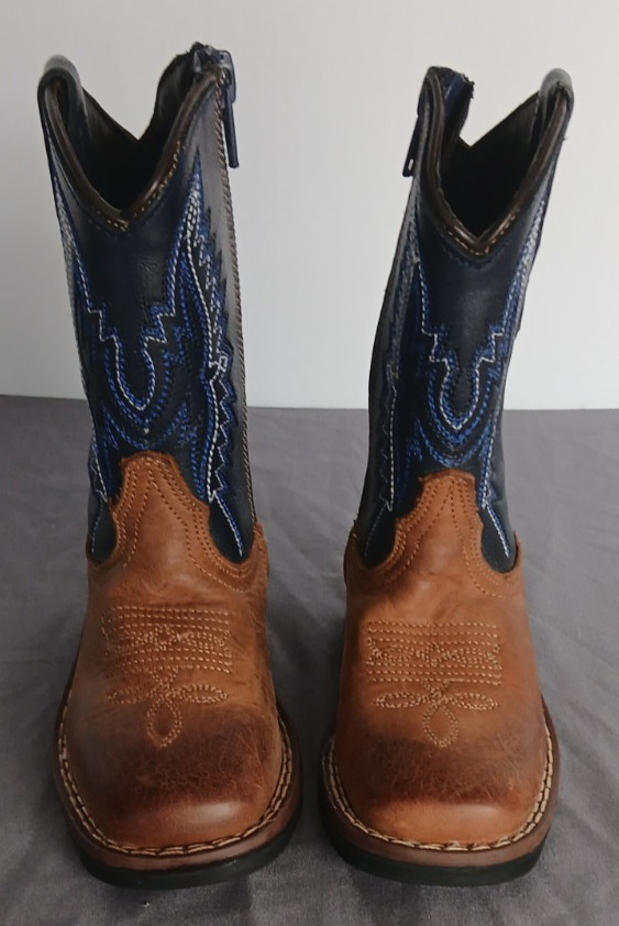 J.B. Dillon Kids Western Cowboy Boots Size 5 Brown Blue Embroidered NWOB