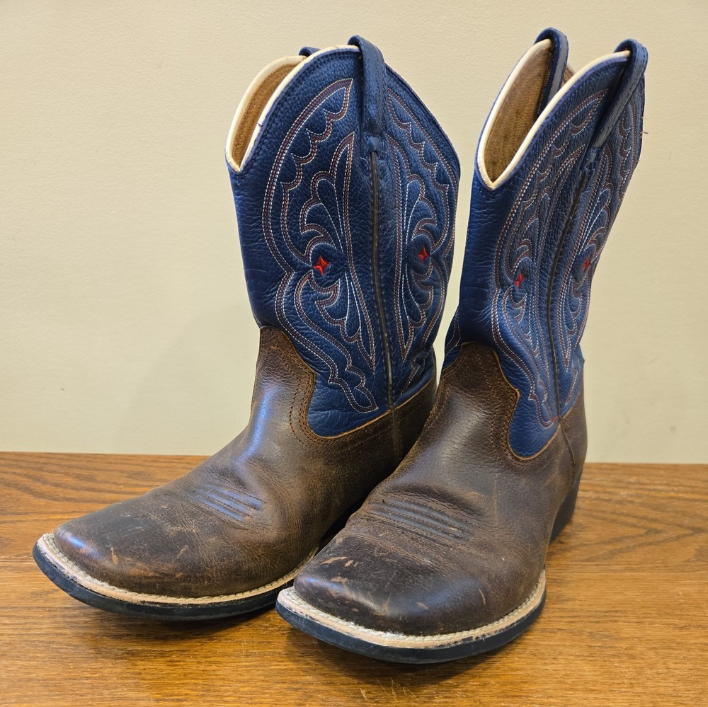 Ariat Brown Blue Leather Square Toe Cowboy Boots Size 2.5 Farmer Stylish Red