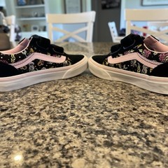 VANS Old Skool V Kids US 13 Sneaker Hook & Loop Black Pink Mermaid Print