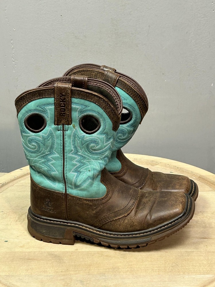 Rocky Boots Kids Size 1.5 Brown Teal Saddle Western Cowboy Work RKW0299C