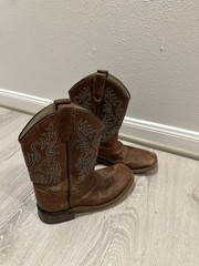 Tin Star Cowboy Boots Youth Size 3 Brown Leather With Stitched Design