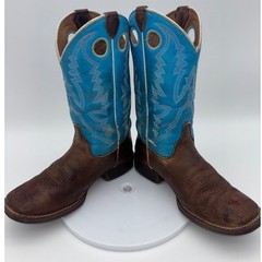 JUSTIN Kids Cowboy Boot Western Little Boy Youth 2 Brown Blue Leather Square Toe