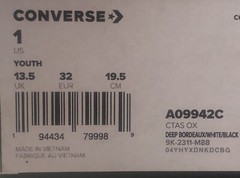 Converse Ox Canvas Sneaker ‚Deep Bordeaux Youth Size 1 – 19.5 CM New