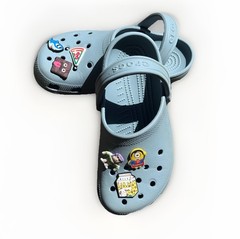 Authentic Crocs Classic Clogs Blue Sz J/4 With 6 Charms Food, And Characters.