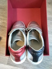 $310 GUCCI Silver Leather Red Blue WEB Sneakers 37 Shoes