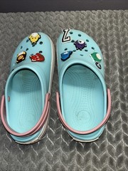Big Kids Aqua Light Blue Crocs Size J6 With Jibbitz Charms Cute Comfortable