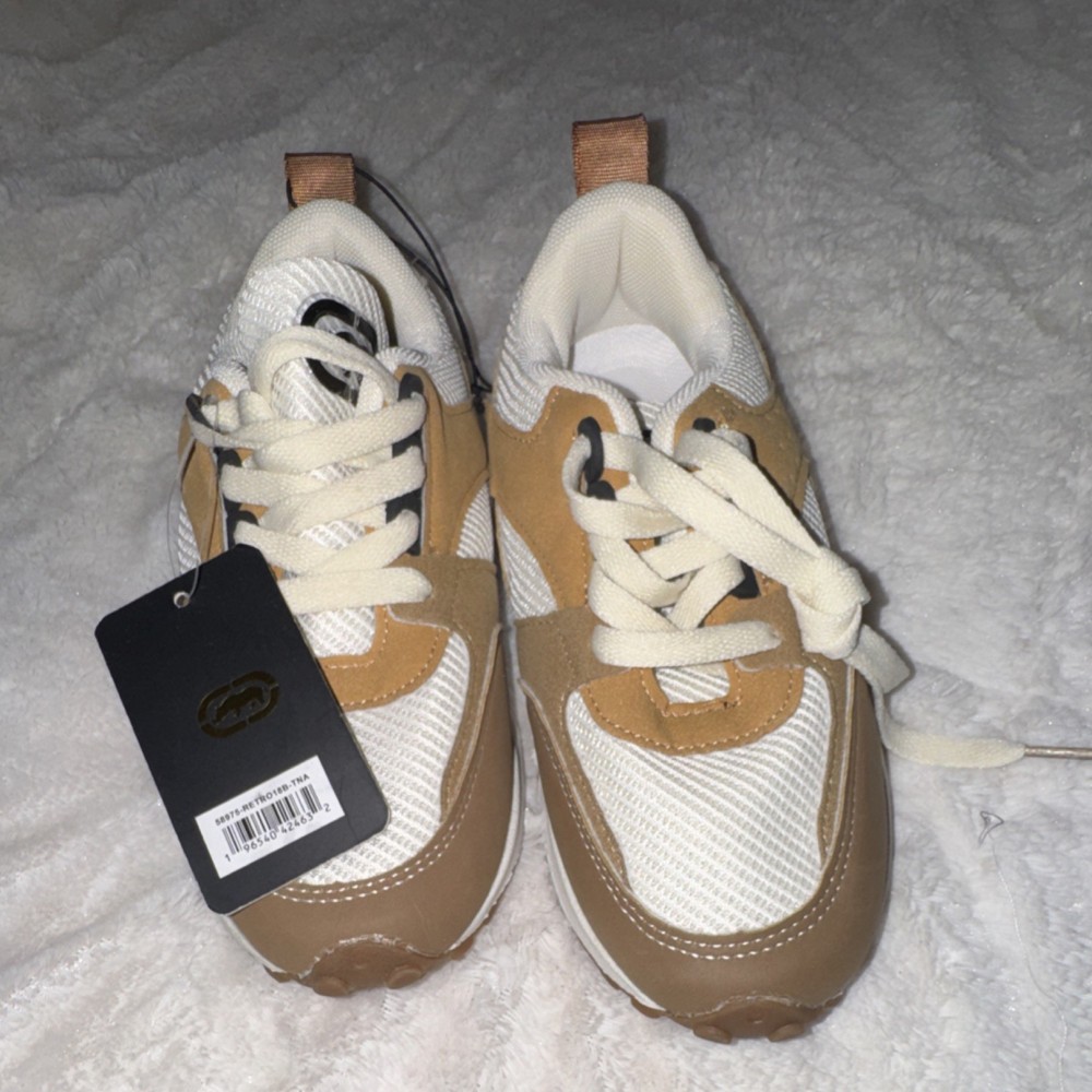 unltd. White Tan Mesh Suede Sneaker Unisex Kids Lace-Up Casual Shoes size 3