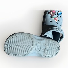 Authentic Crocs Classic Clogs Blue Sz J/4 With 6 Charms Food, And Characters.