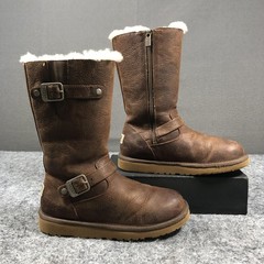UGG Shearling Boots Girls 3 Brown Leather Zip Buckle Lined 1969 Mid Calf Winter