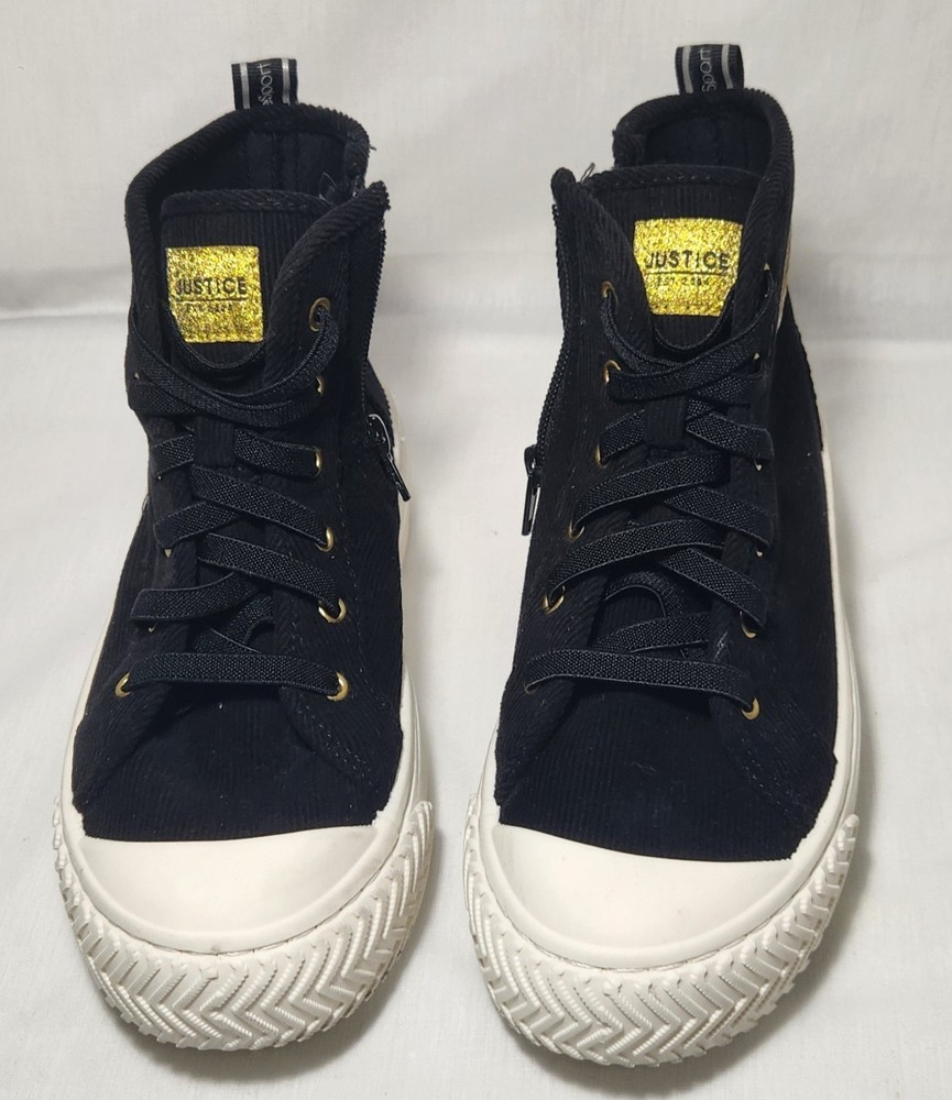 Justice Sport High Top Sneakers Black/White Side Zip Lace Up Kids US 5 EU 37.5