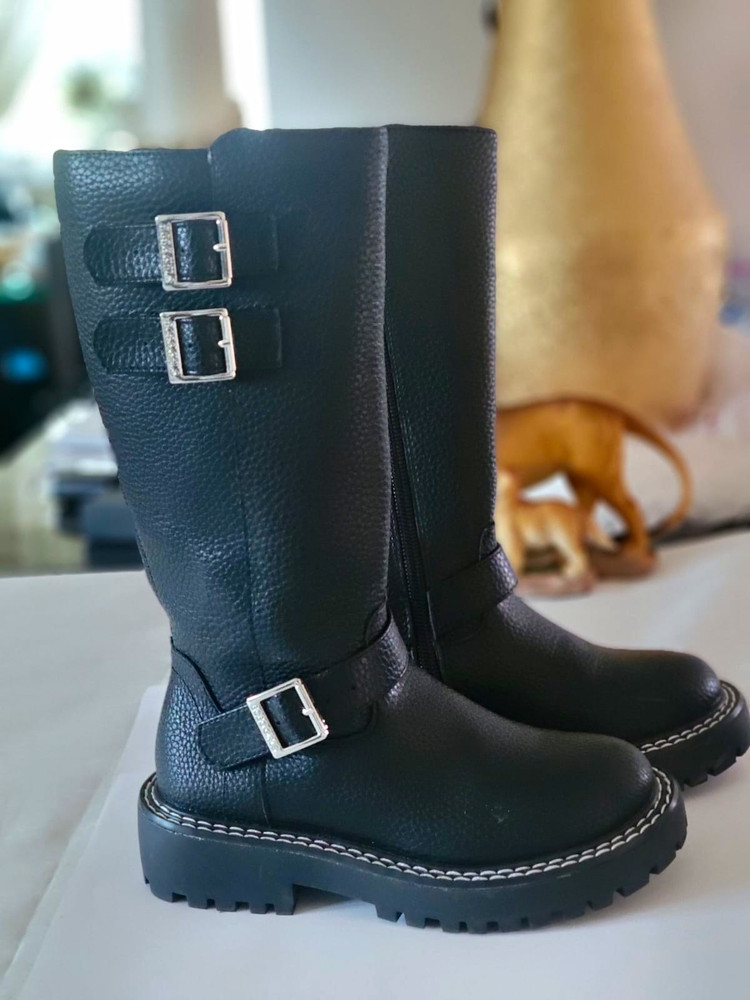 Bunch girls Black Mid-Calf Biker Boots Leather Zip Buckle Round Toe 11