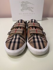 BURBERRY 30 12.5 Beige Markham Check w/ Grip Straps White Leather Sneakers Shoes