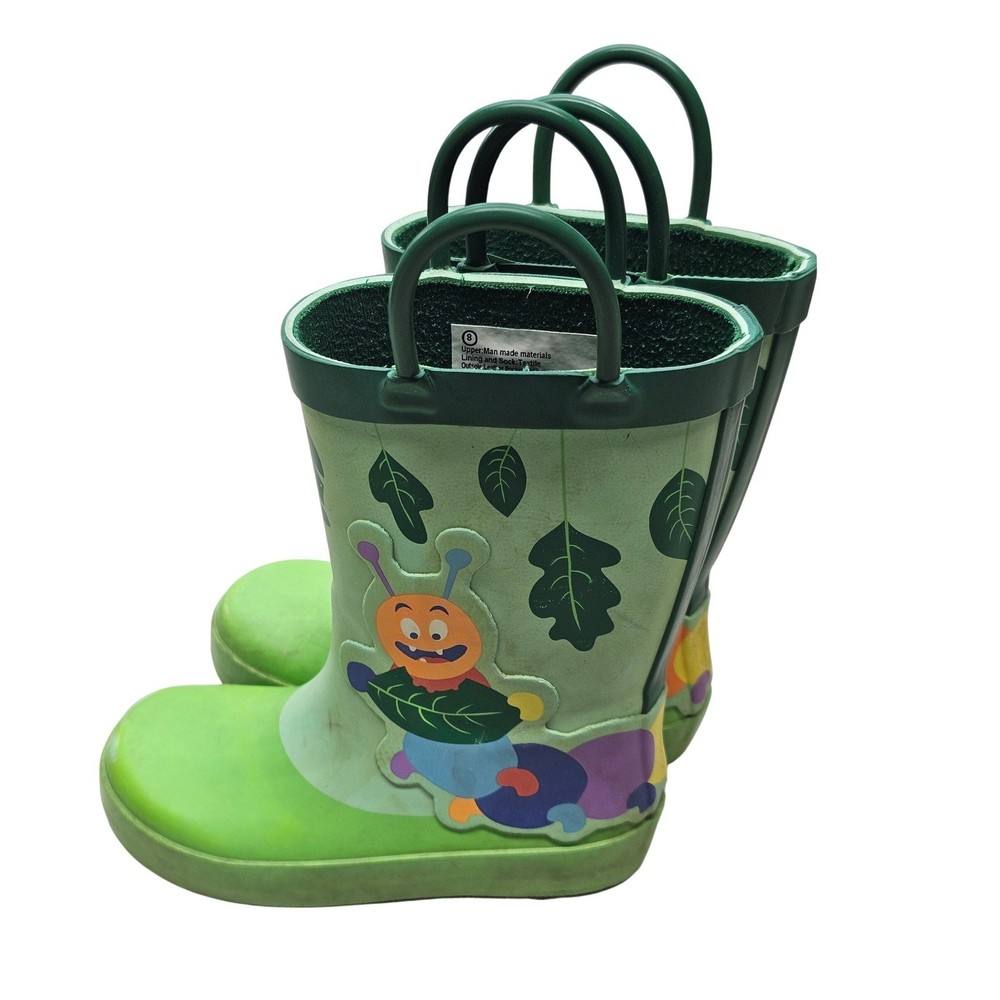 Cat & Jack Kids Green Caterpillar Rain Boots Pull On Handles Size 8 Toddler