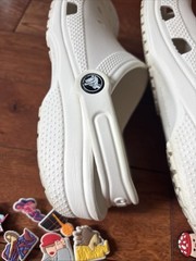 Classic White Crocs Slides Clogs Sandals Size J6 with Lots of Charms Great Cond