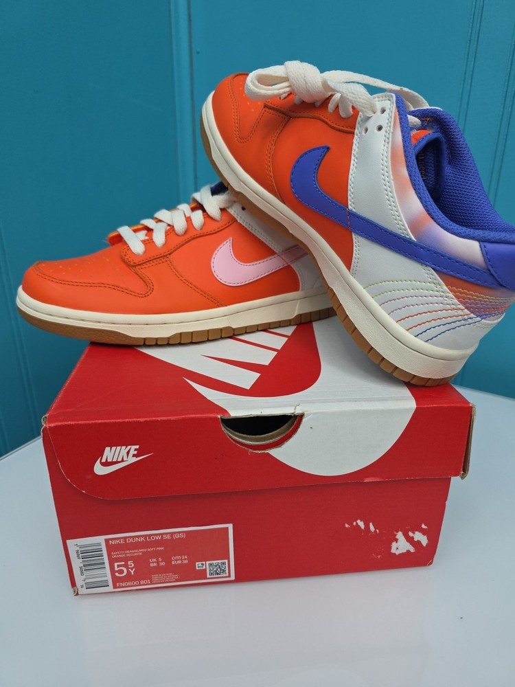 Nike Dunk Low SE GS Orange White Purple Leather Kids Sneakers Size 5.5y