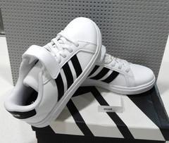 New! Kids Unisex Adidas GRAND COURT 2.0 EL-Size 12 K-White with Black Stripes