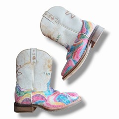 Tin Haul Cowboy Boots Kids Size 3 White Leather Western Cowgirl Color Burst