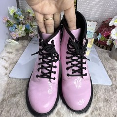 (P5) Dr. Martens Combat Boots Leather Pink Lace Up Side Zip Size 3 big boy