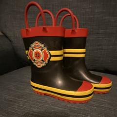 Kids Firefighter Rain Boots Sz 5/6 Black/Red/Yellow Gently Used -No Box