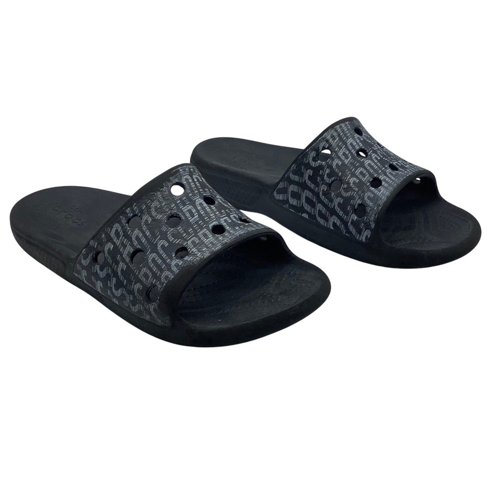 Crocs Classic Slide Black Gray Logo Print Kids J 3 Sandals Slip On 206396