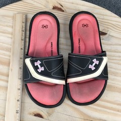 Under Armour Ignite Slides Flat Sandals Youth 4 Black Pink Open Toe Casual
