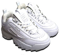 FILA YOUTH DISRUPTOR II LEATHER TRAINERS TRIPLE WHITE FW02936-148 SNEAKER