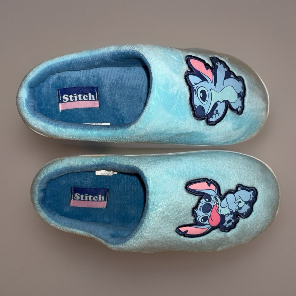 Disney Stitch Kids’ Blue Plush Slippers Size 2/3 | Fuzzy Slip-On House Shoe NWOT