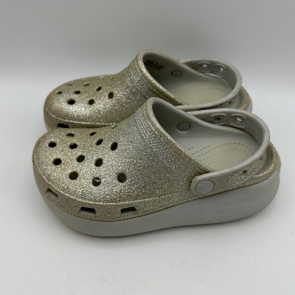 Crocs Classic Platform Clog Kids Size J1 Silver Glitter Sparkle Shoes Casual