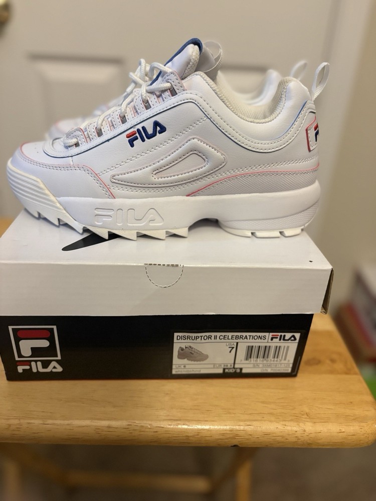 FILA KIDS DISRUPTOR II FILABUCK SNEAKER sz 7 EU 23.5 WHITE NAVY RED 7FM00038-125