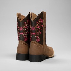 Kids Embroidered Square Toe Cowboy Boots Brown Pink Flowers Leather 6″ 1″ Heel
