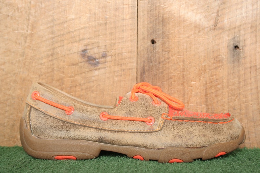 TWISTED X Brown & Bright Orange Leather Bomber Driving Mocs Youth Sz. 5.5 M