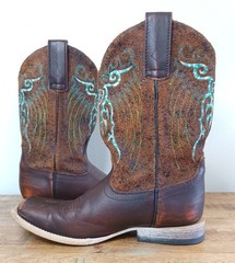 Ariat Brown & Teal Leather Square Toe Cowboy/Cowgirl Boots Youth Sz 3 10019918