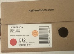 NATIVE Jefferson Shoe NIB Torch Red Shell White Kids C12 Slip-on $50 NEW