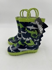 Toddler Rainboots Unisex Navy Green Shark Print Pull On Loops Fin Accent Size 10