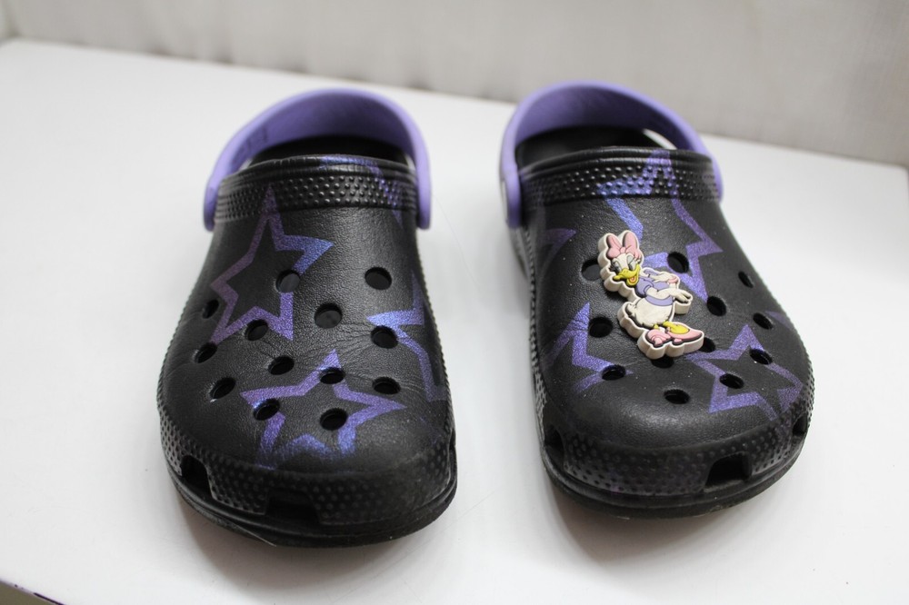 Toddler Crocs Classic Clogs Shoes Black and Purple Stars Dock charm Size C13