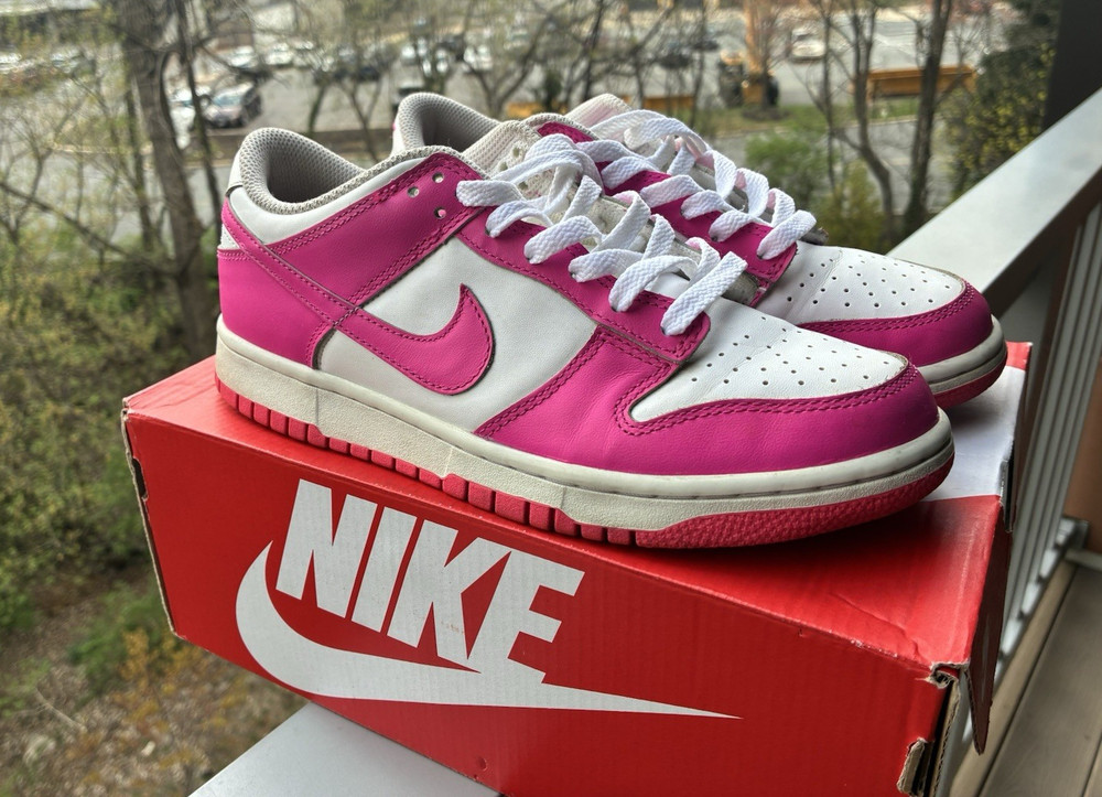 Nike Dunk Low GS Pink White Leather Unisex Kids Sneakers Size 7Y