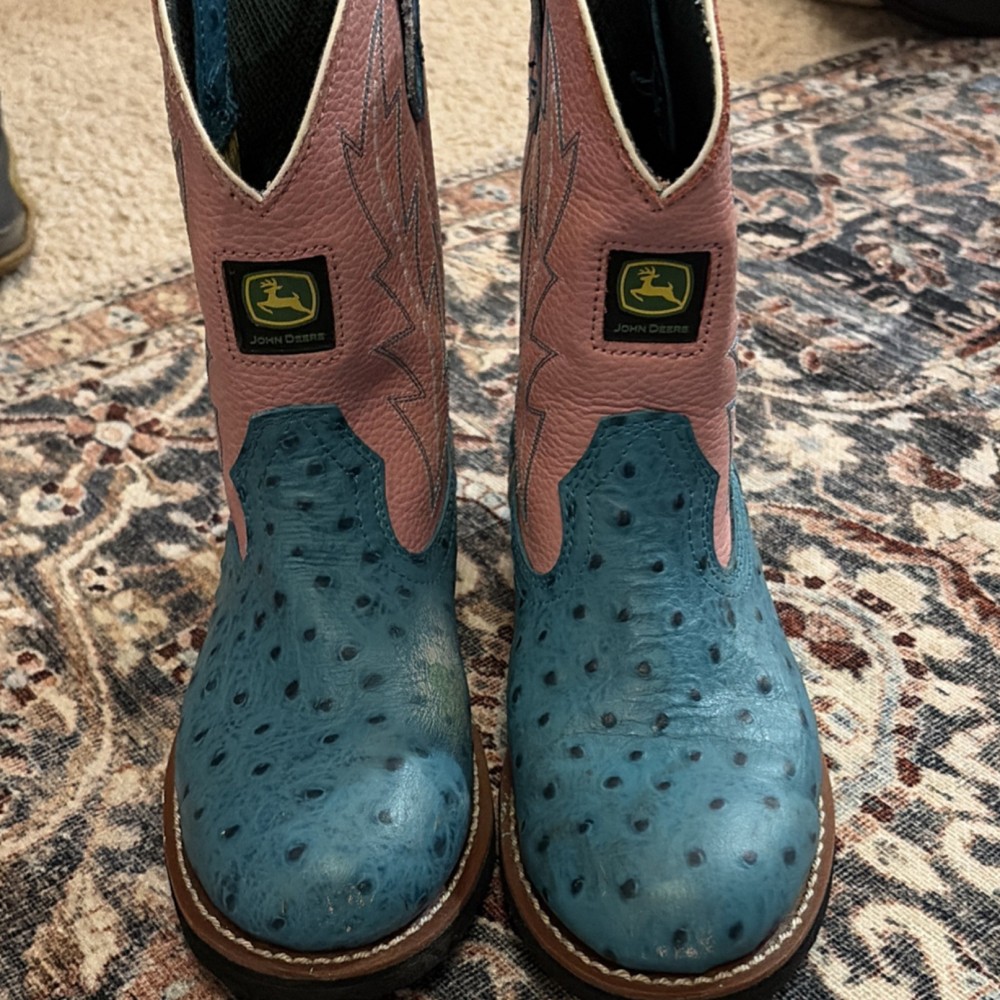 John Deere Youth Western Boots Blue Pink Leather Size 6M JD3178 New with Defects
