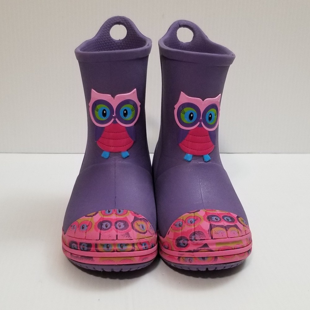 CROCS Kids Owl Bump It Rain Boot Sz 8C Purple Multi Pull On Waterproof 203516