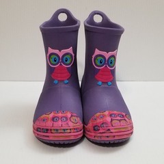 CROCS Kids Owl Bump It Rain Boot Sz 8C Purple Multi Pull On Waterproof 203516