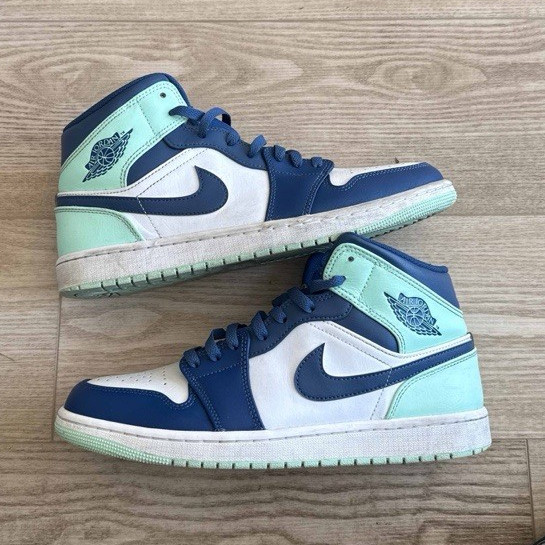 Jordan Air Jordan 1 Mid GS Blue/White/Green Leather Mid Top Sneaker US 11