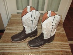 Tanner Mark Brown & White Leather Square Toe Cowboy Boots Youth Size 4 Mex 23