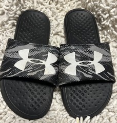Under Armour Big Kids Slides Flip Flops Size Y5 Light Black Gray Camouflage GUC